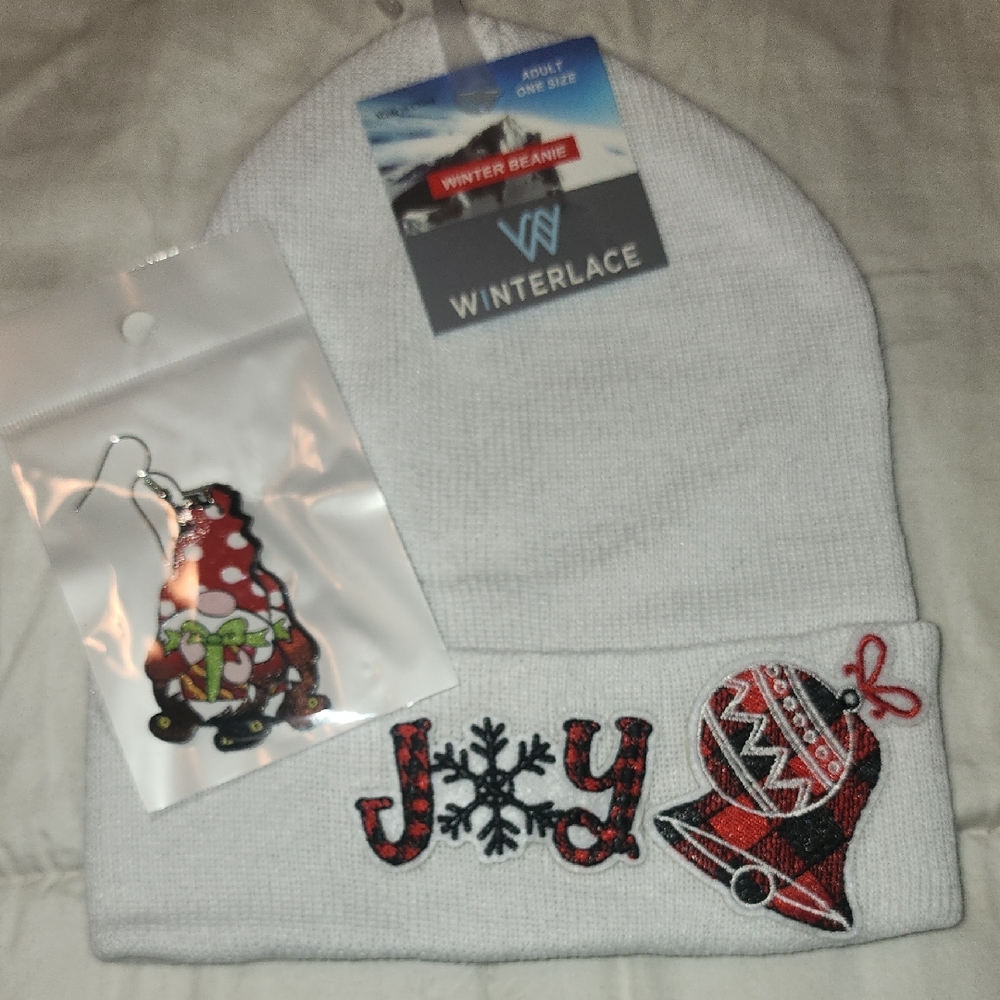Beanie with Joy Design and Earrings